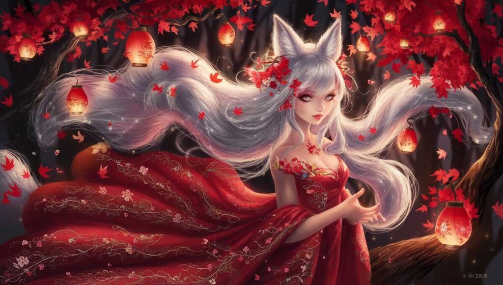 Anime girl in a red dress with white hair, adorned with flowers, embodying a mystical Kitsune spirit.