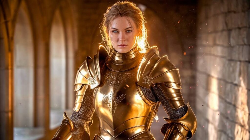 A woman dressed in shining golden armor stands tall in a majestic hallway, embodying the spirit of a knight.