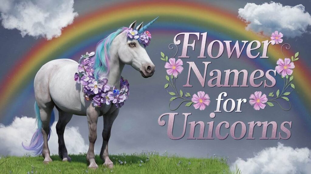 A unicorn stands proudly before a vibrant rainbow, with the phrase "flower names for unicorns" displayed above.