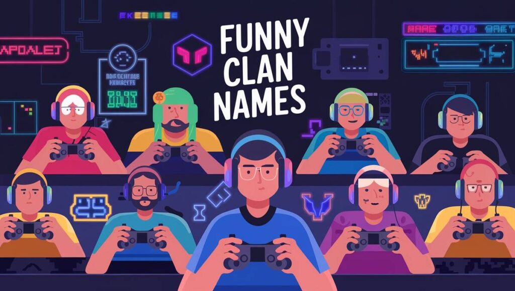  A collection of humorous clan names displayed in a colorful graphic, showcasing creativity and fun in gaming communities.