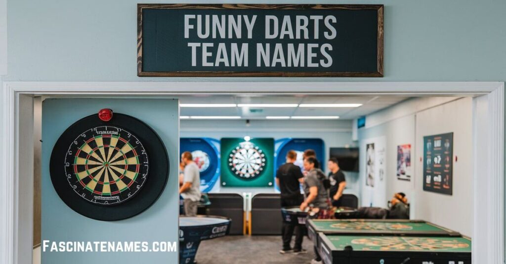 A collection of humorous darts team names displayed on a colorful dartboard background.