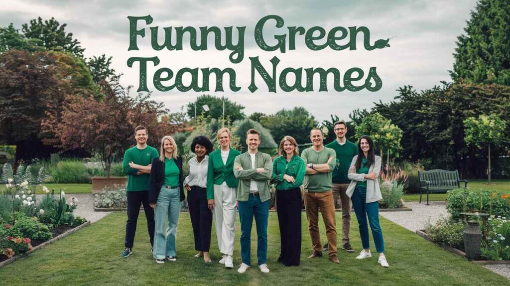 A collection of humorous green team name displayed in a playful font, perfect for sports or group activities.