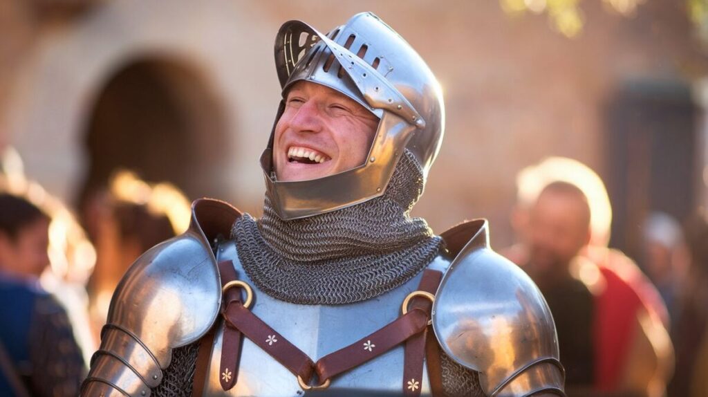 A smiling man in a knight costume stands proudly in front of a crowd, showcasing his medieval attire.