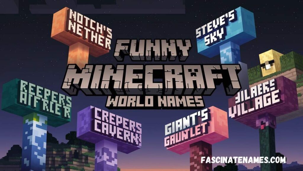 A collection of hilarious Minecraft world names displayed in colorful text bubbles, showcasing creativity and humor.