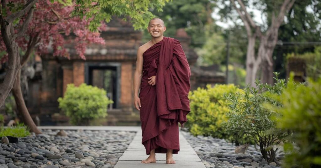 A monk in a maroon robe stands peacefully on a serene path, surrounded by nature.