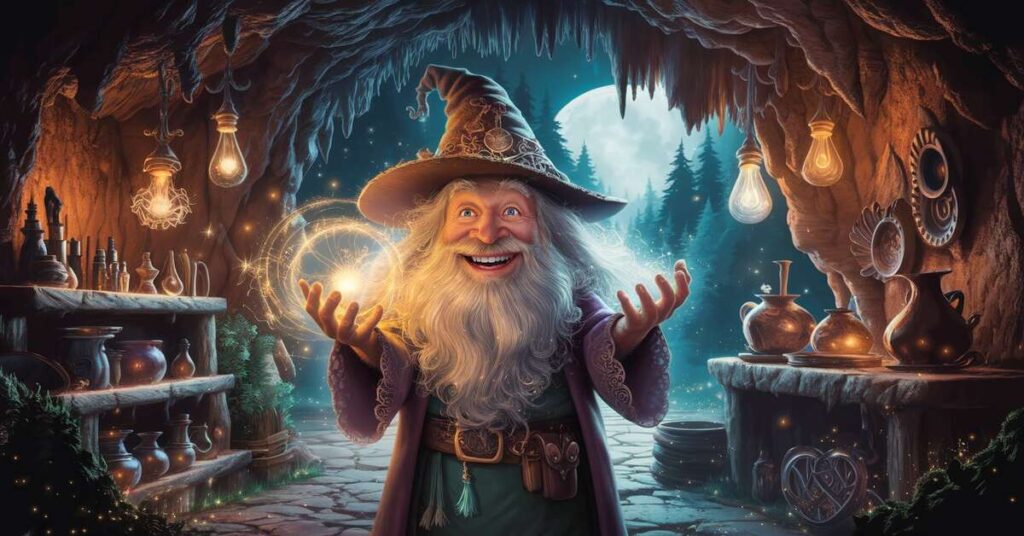 Cartoon wizard in a cave, surrounded by magical artifacts and glowing crystals, inspired by The Wizard of Oz.