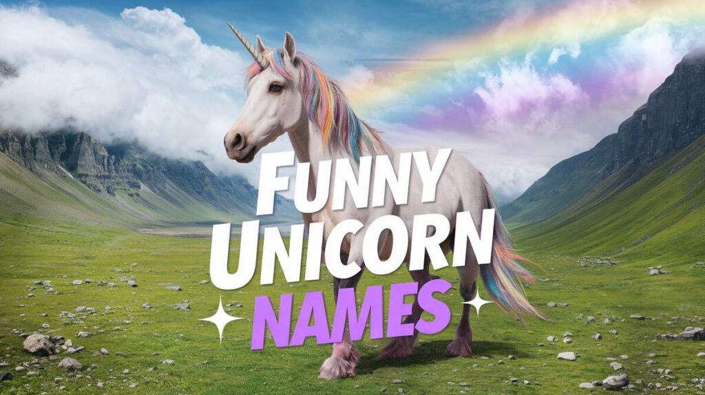 A colorful collage of unicorns with quirky names like "Sparkle McFluff" and "Rainbow Sprinkles" that make you smile.