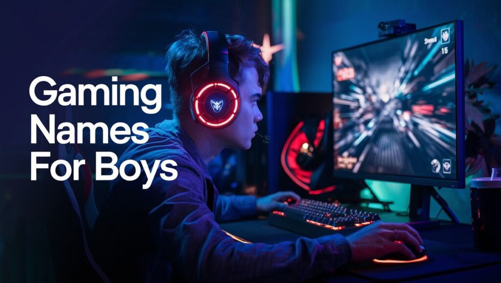 A graphic showcasing the gaming names for boys, featuring bold text and vibrant colors.