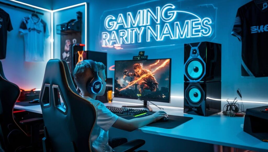 A young boy immersed in video games, surrounded by colorful gaming gear in a cozy gaming room.