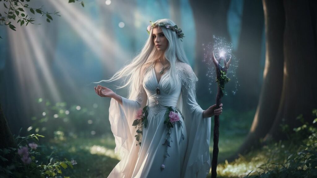 A woman in a flowing white dress holds a wand, embodying the mystical essence of a druid in nature.