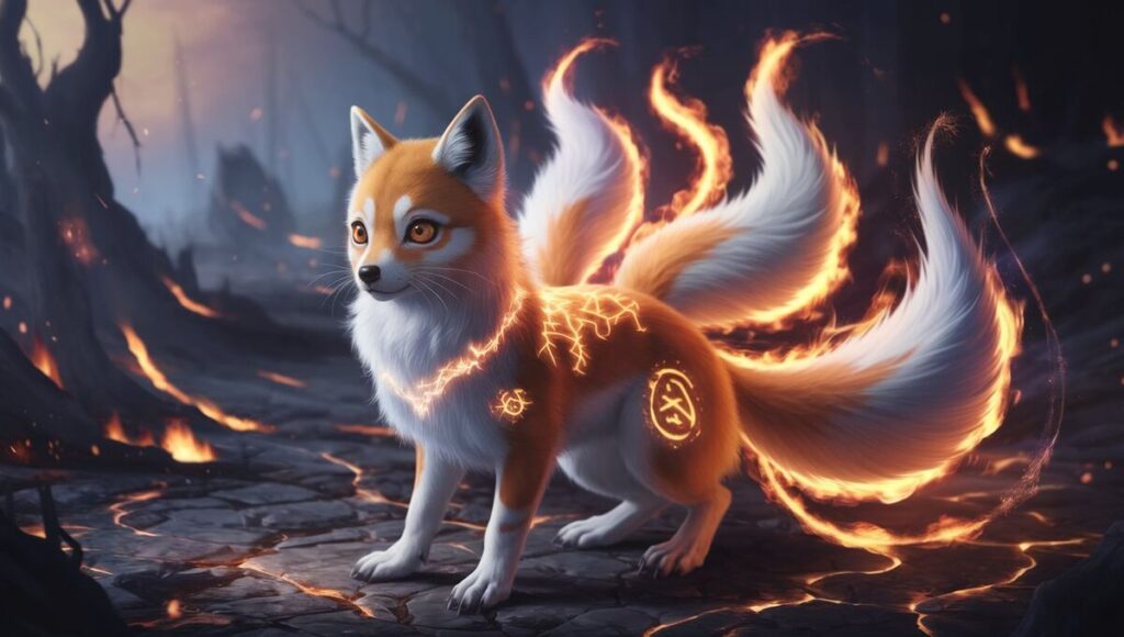 A mystical kitsune fox with flames dancing on its back, wandering through a serene forest setting.