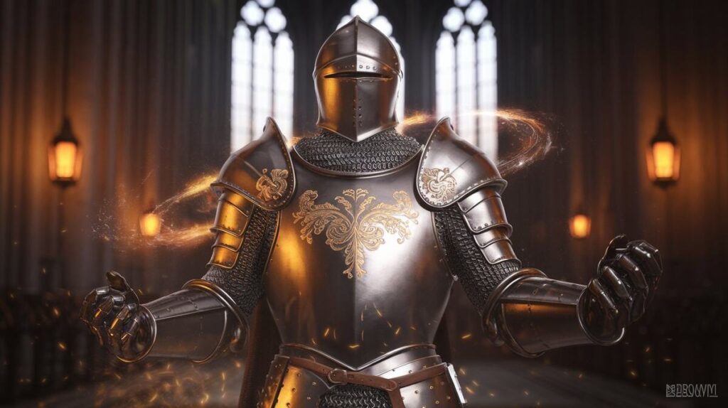 A knight in shining armor stands proudly in front of a grand church, ready for adventure.