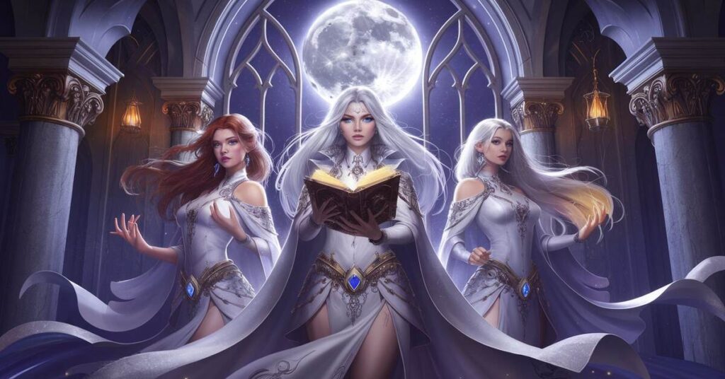 Three women in white robes, holding books, stand under a glowing moon, embodying a mystical wizard vibe.