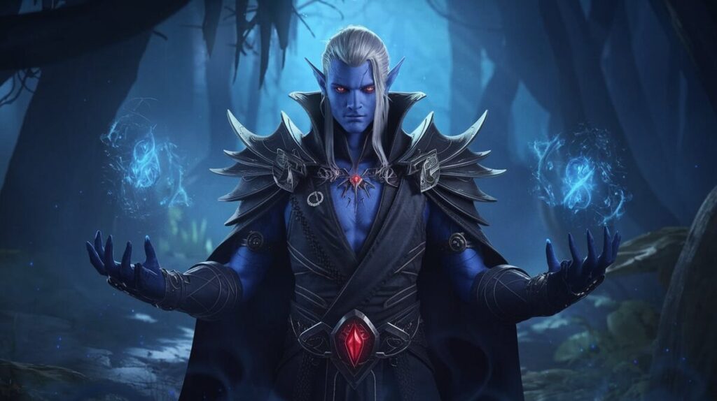 A dark elf stands in the woods, arms extended, surrounded by trees and shadows, evoking a sense of mystery and magic.