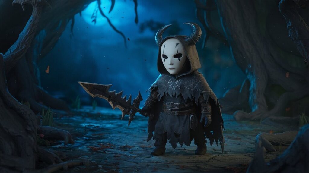 A masked demon wielding a knife lurks in the woods, ready to confront a brave knight.
