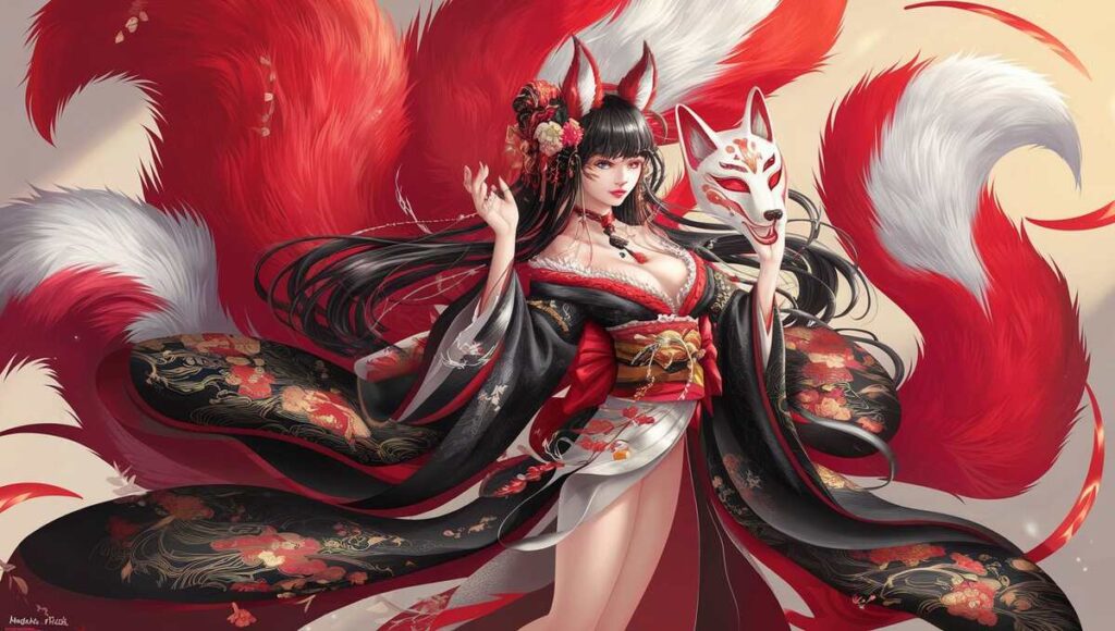 A woman in a striking red and black kimono holds a sword, embodying the spirit of a Kitsune with grace and strength.