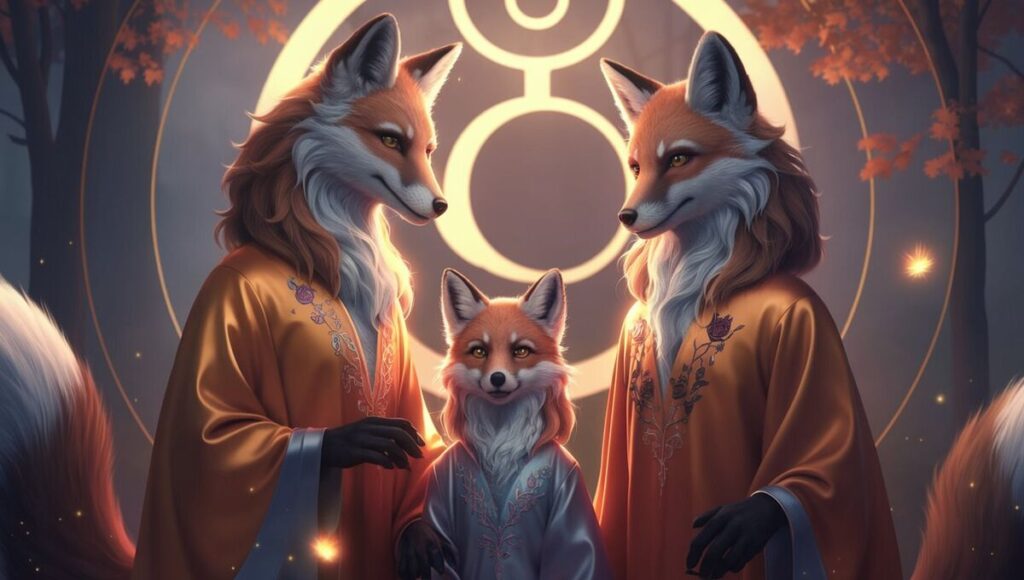 Three kitsune in colorful robes, each adorned with a circle symbol, standing together in a mystical setting.