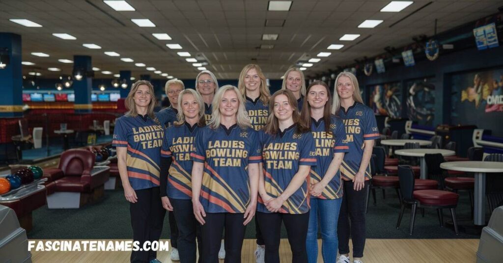 Women's bowling team smiles for a group photo in a vibrant bowling alley, showcasing their team spirit and camaraderie.