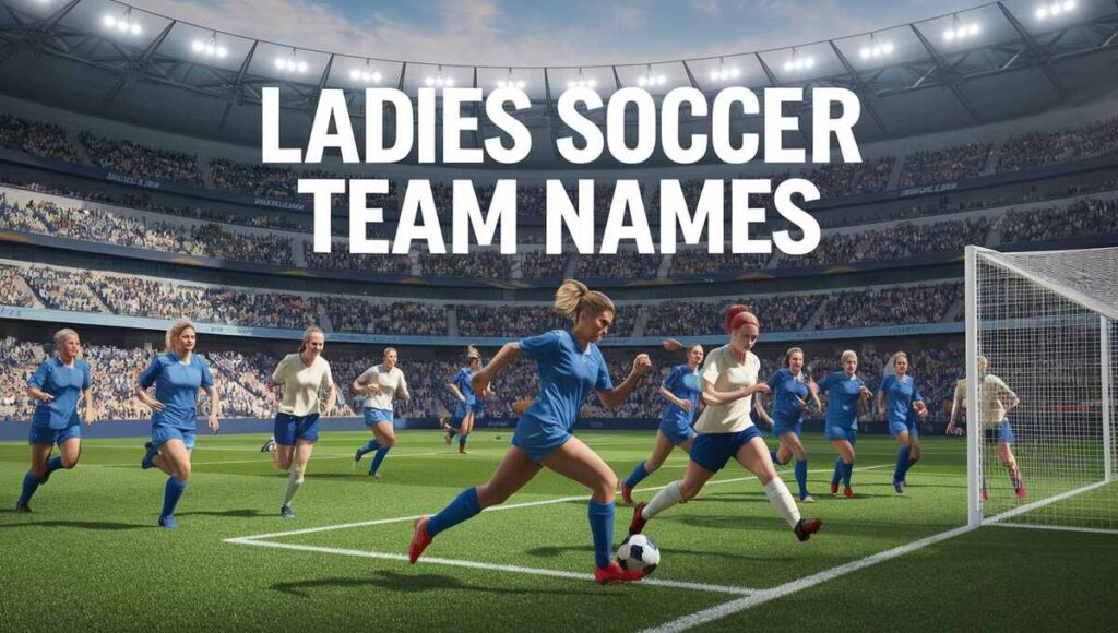 A collection of creative names for women's soccer teams displayed on a vibrant background.