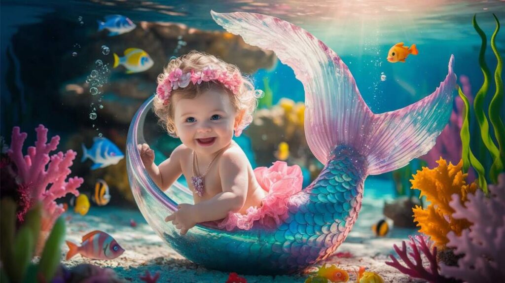 A baby girl in a colorful mermaid tail happily sits in the ocean, surrounded by gentle waves and sunshine.