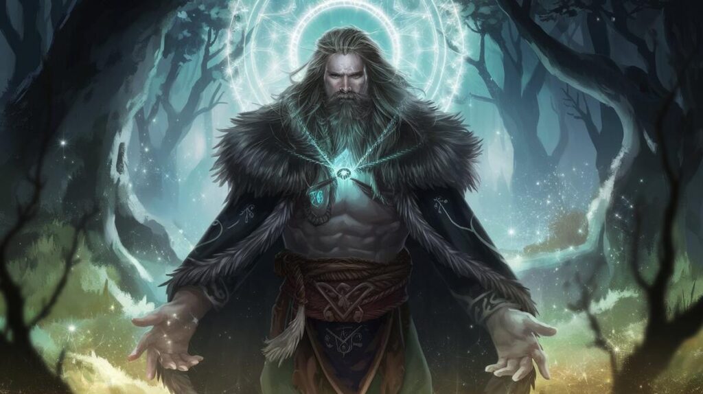 A Viking stands confidently in the woods, hands on his chest, surrounded by tall trees and a mystical atmosphere.