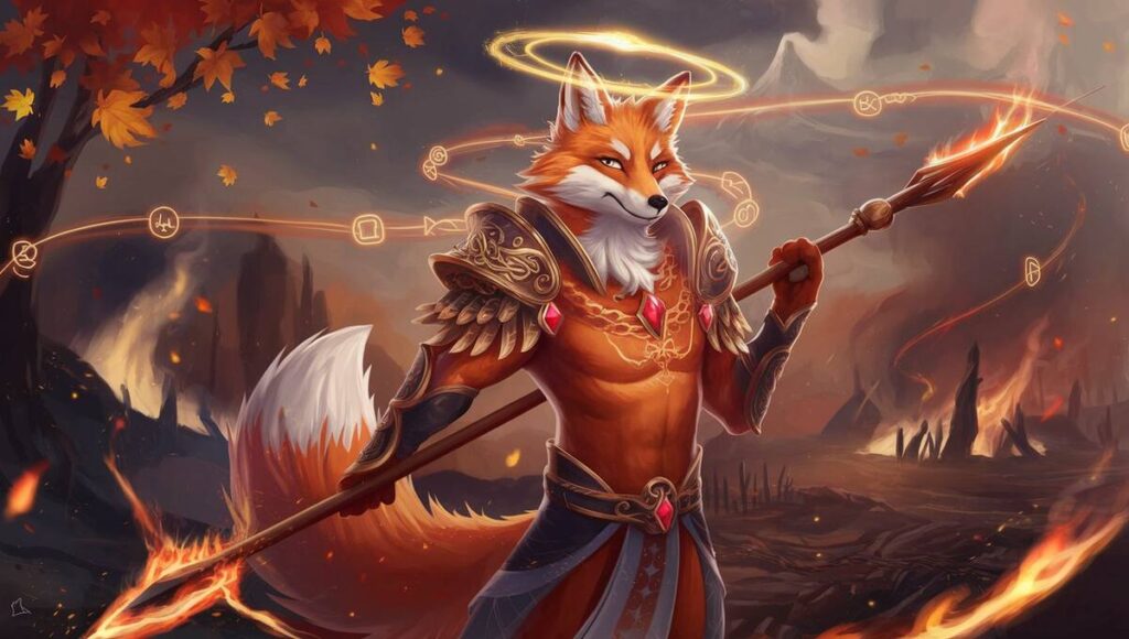 A mystical fox with a halo and a spear, embodying the spirit of a Kitsune in a whimsical, enchanting scene.