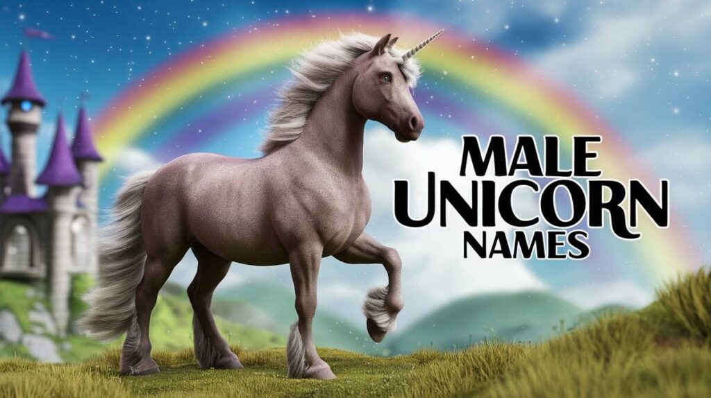 A colorful graphic featuring various creative names for male unicorns, showcasing their magical and whimsical nature.