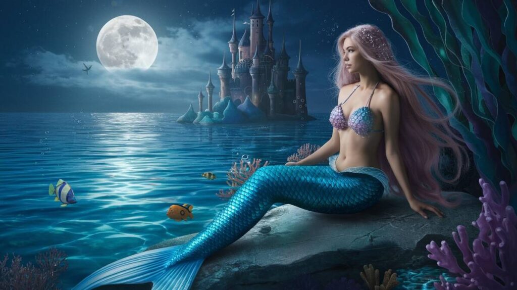 A serene mermaid perched on rocky shores at night, with a majestic castle glowing in the background.