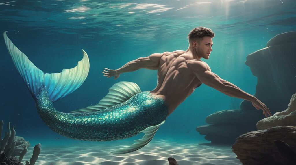 A man in a colorful mermaid costume gracefully swims through the clear blue ocean waters.