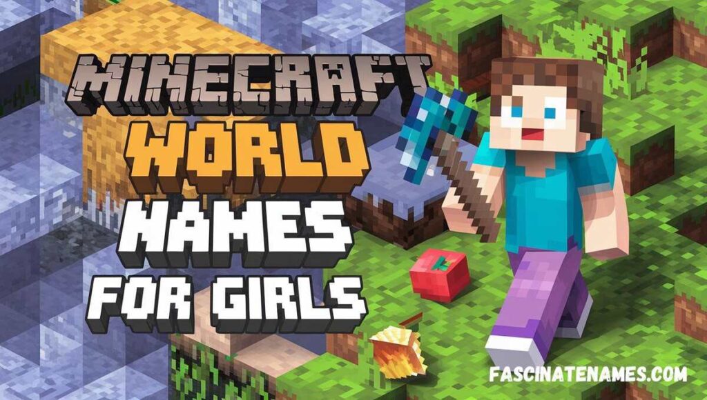 A colorful graphic showcasing creative Minecraft world names inspired by girls, featuring fun fonts and playful designs.