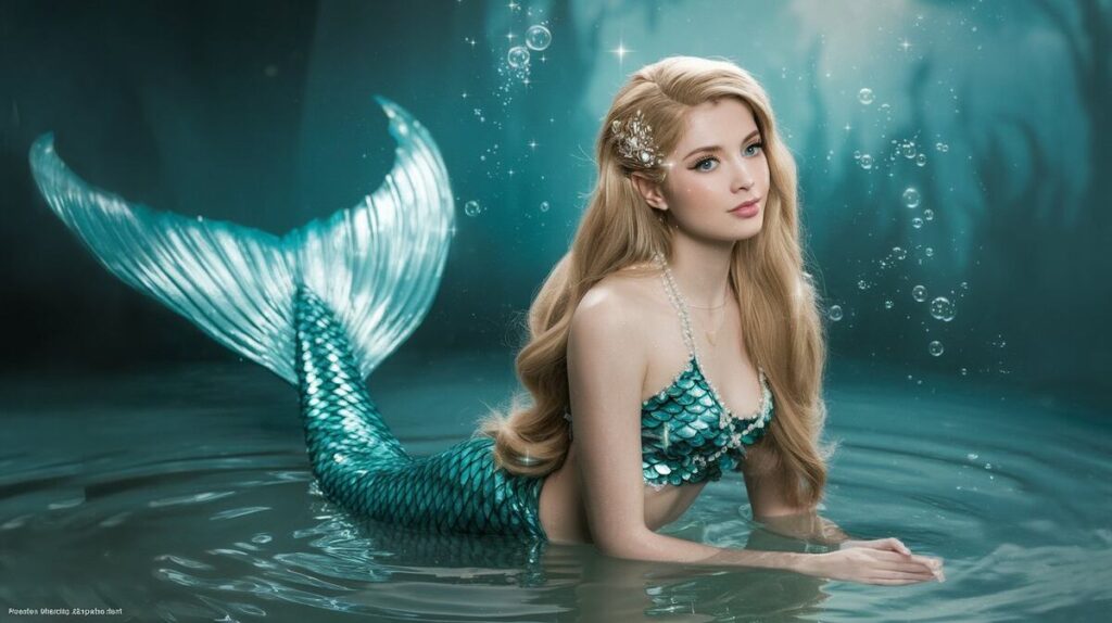 A stunning mermaid with flowing hair and a vibrant blue tail, gracefully swimming through the ocean waves.