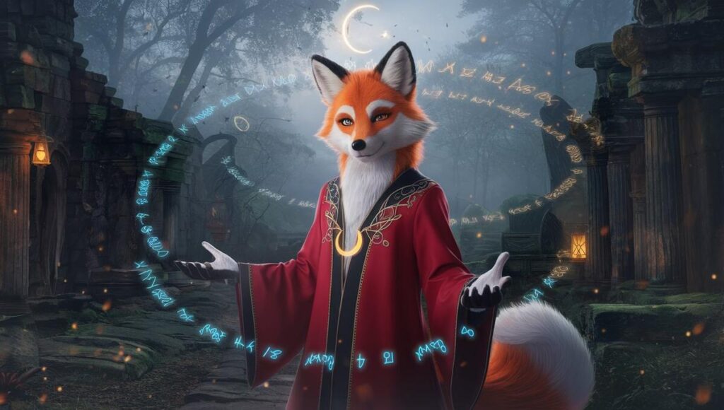 A kitsune fox wearing a red robe, proudly displaying a crescent moon emblem on its chest.