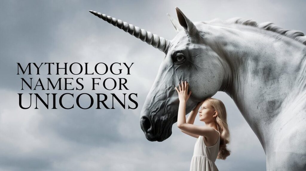 A woman gently holds a white horse, surrounded by the words "mythology unicorns" in a whimsical font.