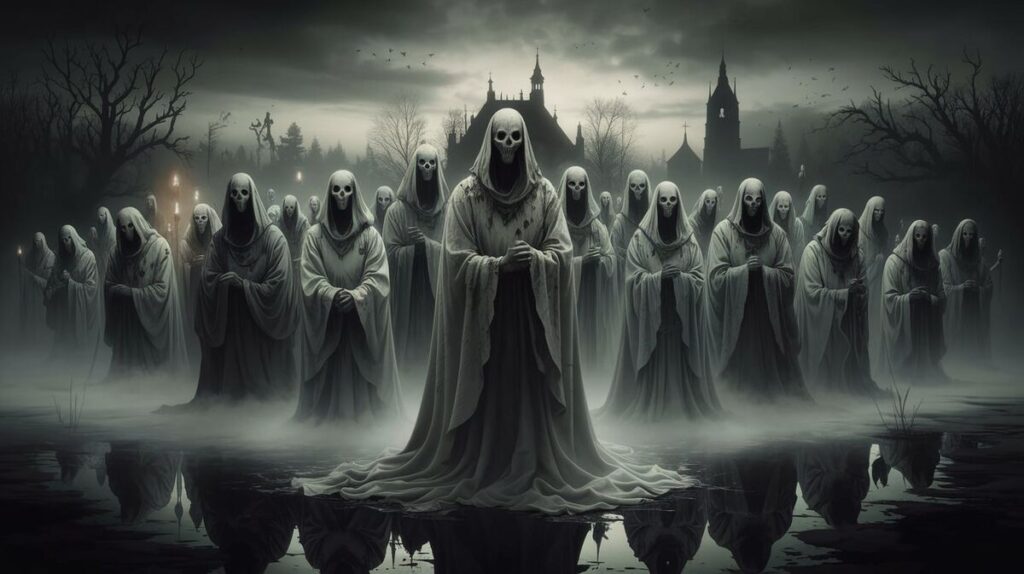 A group of ghostly figures gathered in front of an old church, creating an eerie yet intriguing scene.