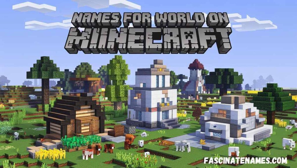 A vibrant Minecraft world map showcasing various buildings and lush trees scattered throughout the landscape.