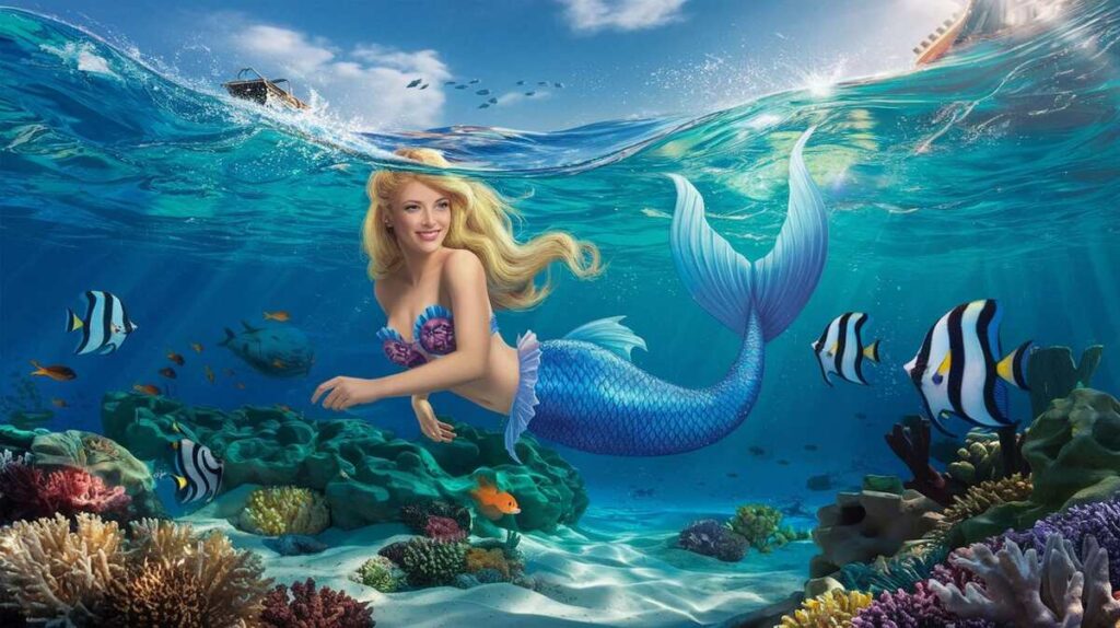 A beautiful mermaid gracefully swims through the clear blue ocean waters, surrounded by colorful fish and coral.