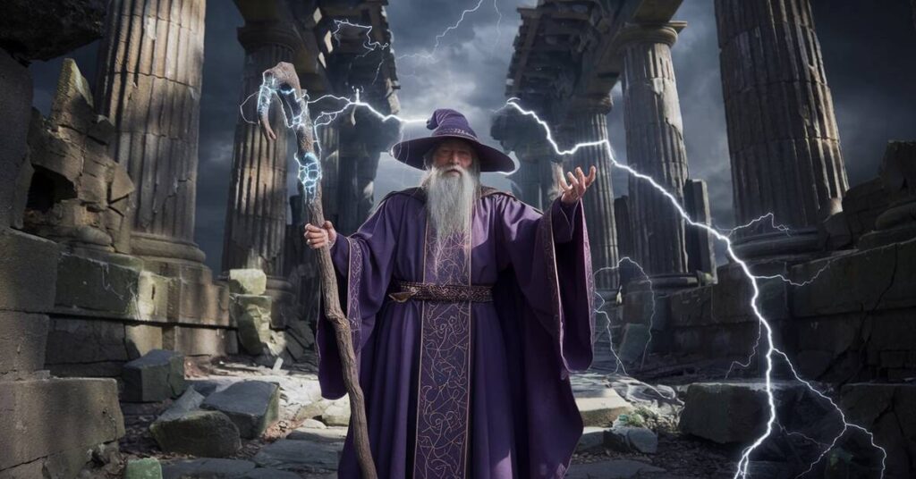 An old wizard with a staff stands confidently, lightning crackling in the stormy background.