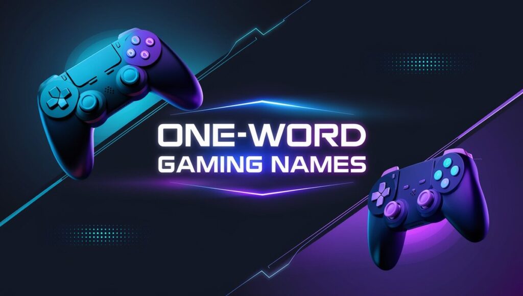 A collection of creative one-word gaming names displayed in a colorful graphic design.