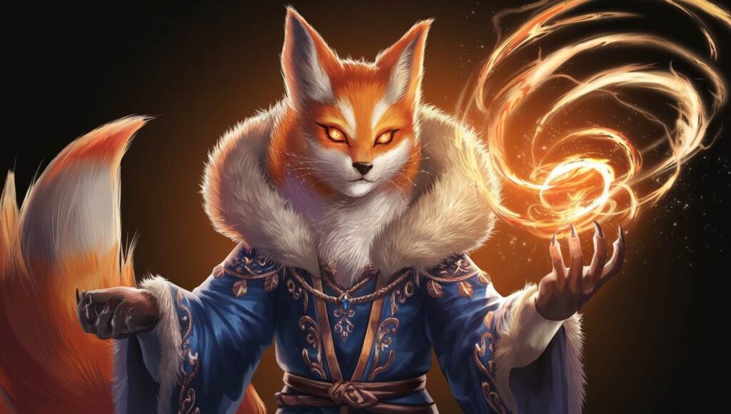 A Kitsune fox holds a glowing fireball in its paw, showcasing its mystical powers and playful spirit.