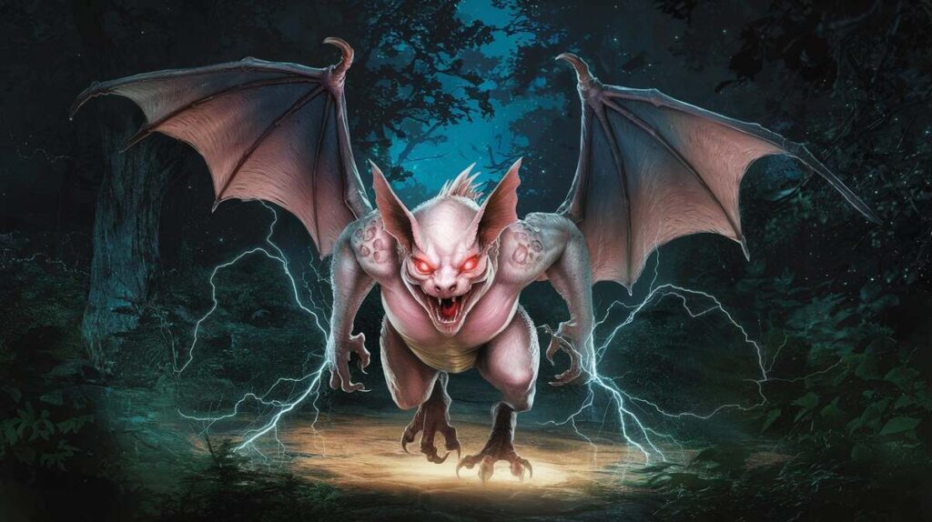 A digital painting of a ghostly bat emitting lightning from its mouth, creating an electrifying and eerie atmosphere.