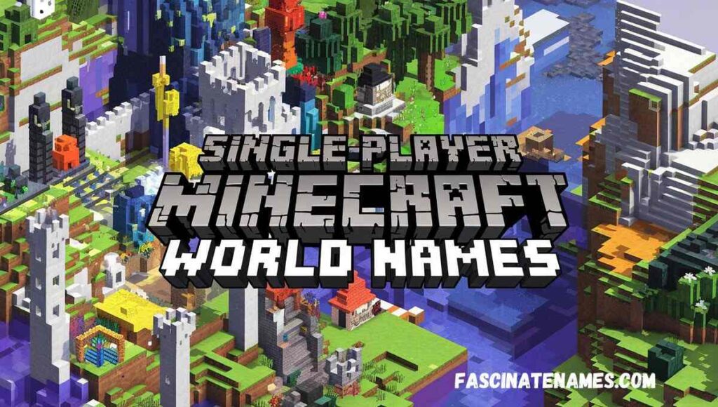 A colorful collage of various Minecraft world names displayed in a fun, blocky font against a pixelated background.