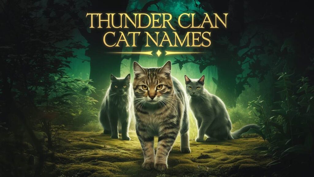 A list of unique names for Thunder Clan cats, showcasing their fierce and loyal nature in a vibrant, colorful design.