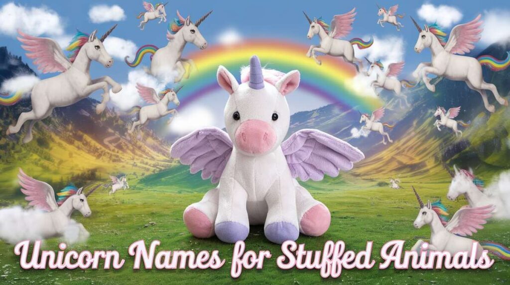 A colorful list of creative unicorn perfect for stuffed animals, featuring whimsical and fun options for kids.