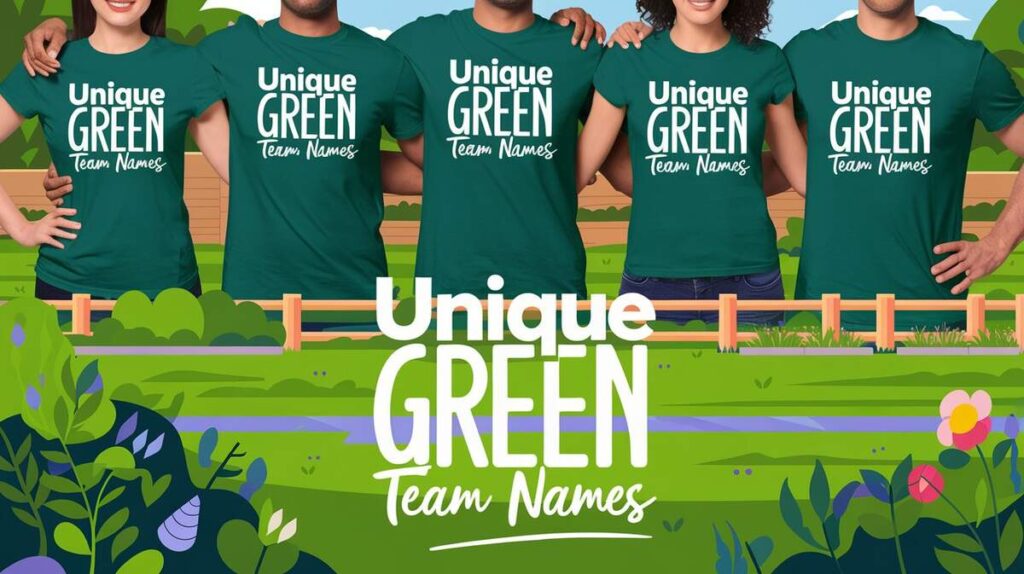 A diverse group of people in green shirts showcasing creative team names, smiling and posing together.