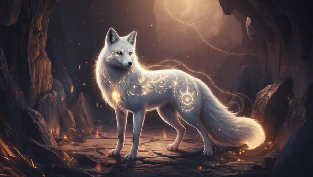 An arctic fox with glowing eyes stands in the dark, embodying the mystical essence of a Kitsune.