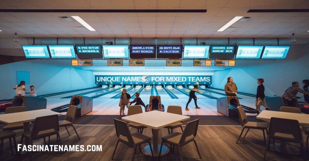 A lively bowling alley filled with people enjoying their game on the lanes, laughter and excitement in the air.