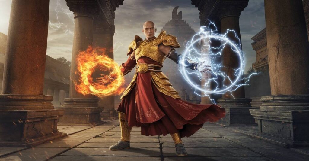 A monk in a red robe confidently holds two glowing fireballs in his hands, showcasing his mystical powers.