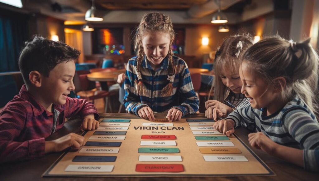 Three kids gathered around a table, laughing and playing a board game together, enjoying their time.