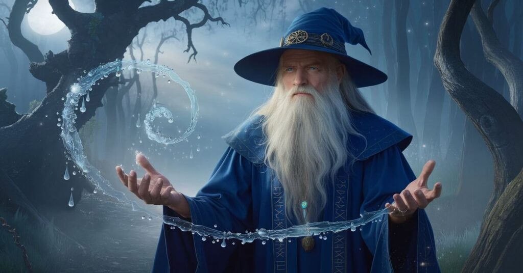 A wizard in a robe holds a wand in one hand and a shimmering water orb in the other, ready to cast a spell.