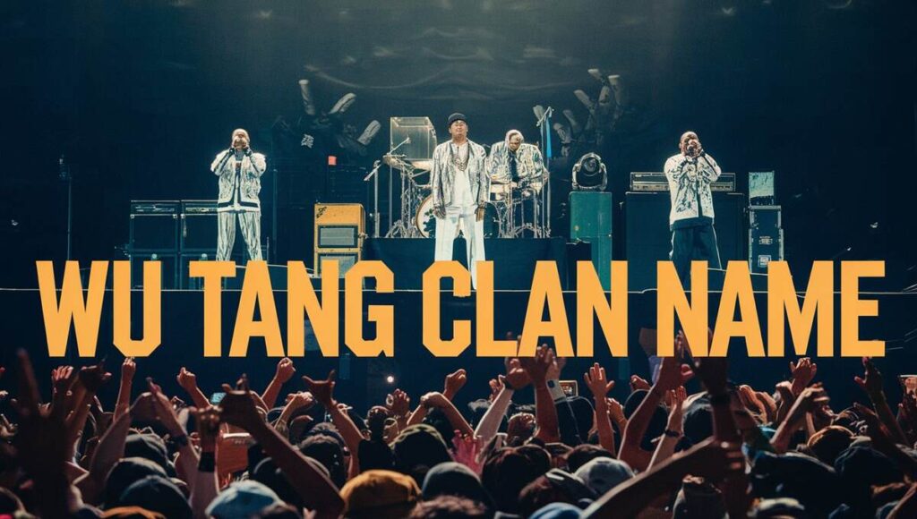 Wu-Tang Clan logo featuring bold, stylized lettering in black and yellow, representing the iconic hip-hop group.